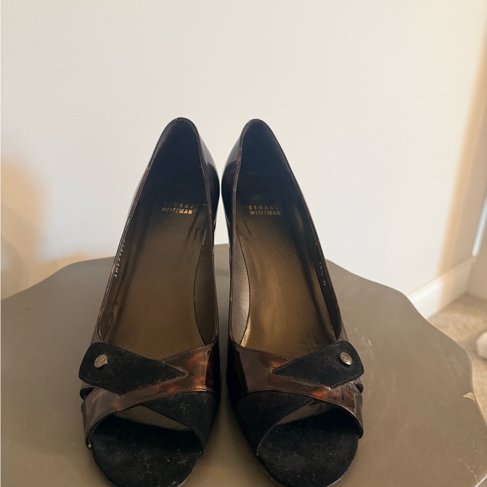 Stuart Weitzman Black and Brown Peep Toe Heels